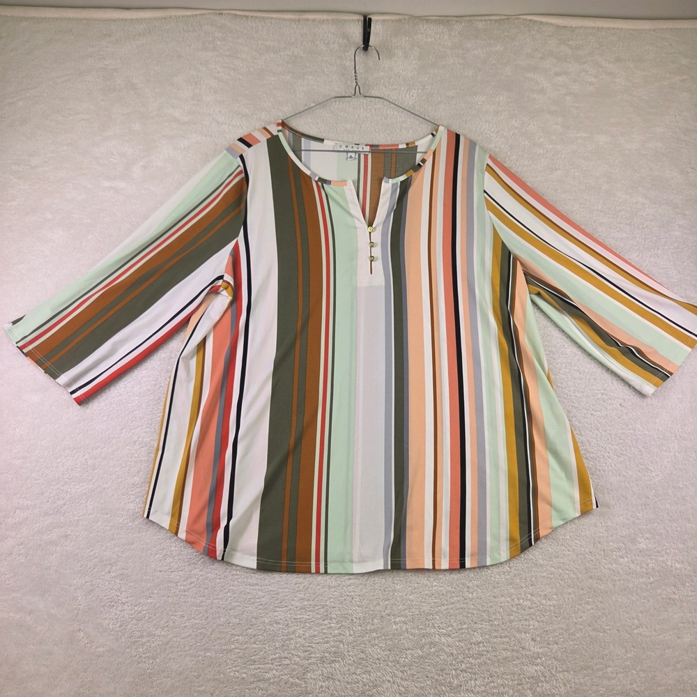 Chaus New York Womens XL Multi Color Striped 3/4 Sleeve Split Neck Blouse Top